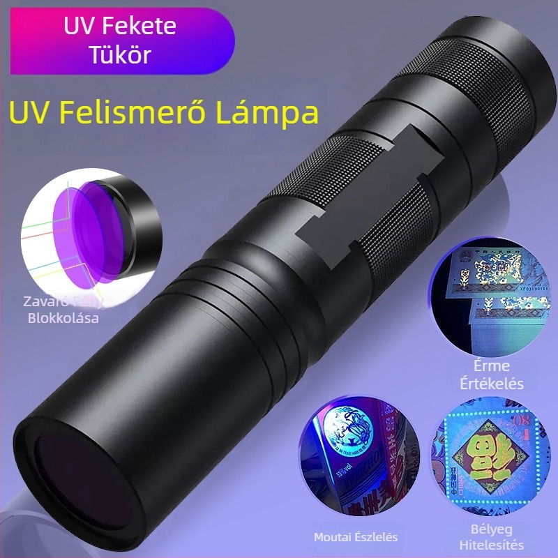 UV LED zseblámpa 365 nm, újratölthető, 3W LED, alumíniumötvözet test, többfunkciós fluoreszcens detektáló toll