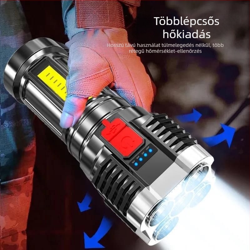 Kültéri LED zseblámpa — 100000 lumen, újratölthető, 5W, hatótáv 100–200 m, többfunkciós