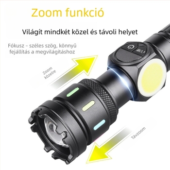 Újratölthető COB spotlámpa oldalsó fénnyel, 30W LED, 3000mAh akkumulátor, USB töltés, alumíniumötvözet test, hatótávolság 200–500 m