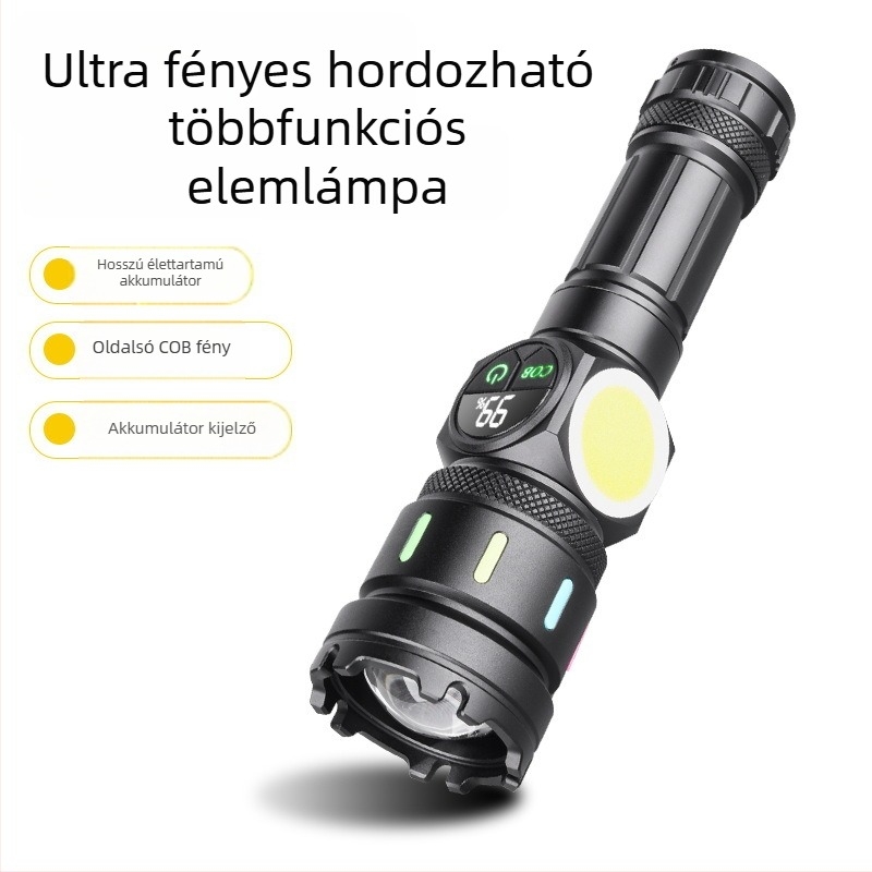 Újratölthető COB spotlámpa oldalsó fénnyel, 30W LED, 3000mAh akkumulátor, USB töltés, alumíniumötvözet test, hatótávolság 200–500 m