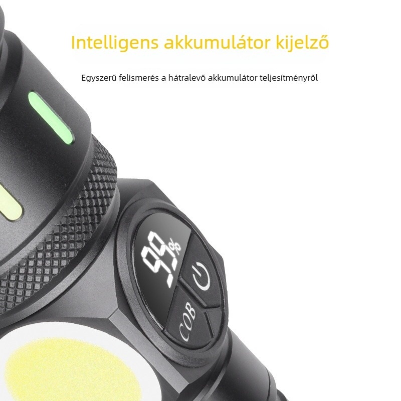 Újratölthető COB spotlámpa oldalsó fénnyel, 30W LED, 3000mAh akkumulátor, USB töltés, alumíniumötvözet test, hatótávolság 200–500 m