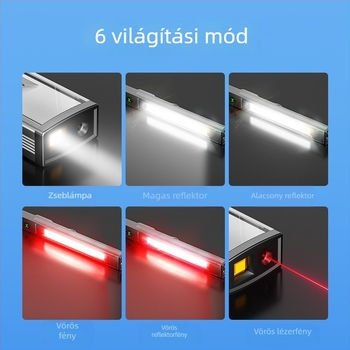Alumíniumötvözetből készült LED zseblámpa, 480 mAh polimer akkumulátor, 5W, mágneses alap, oldalsó széles fénnyel, hatótávolság 50–100 m, többfunkciós