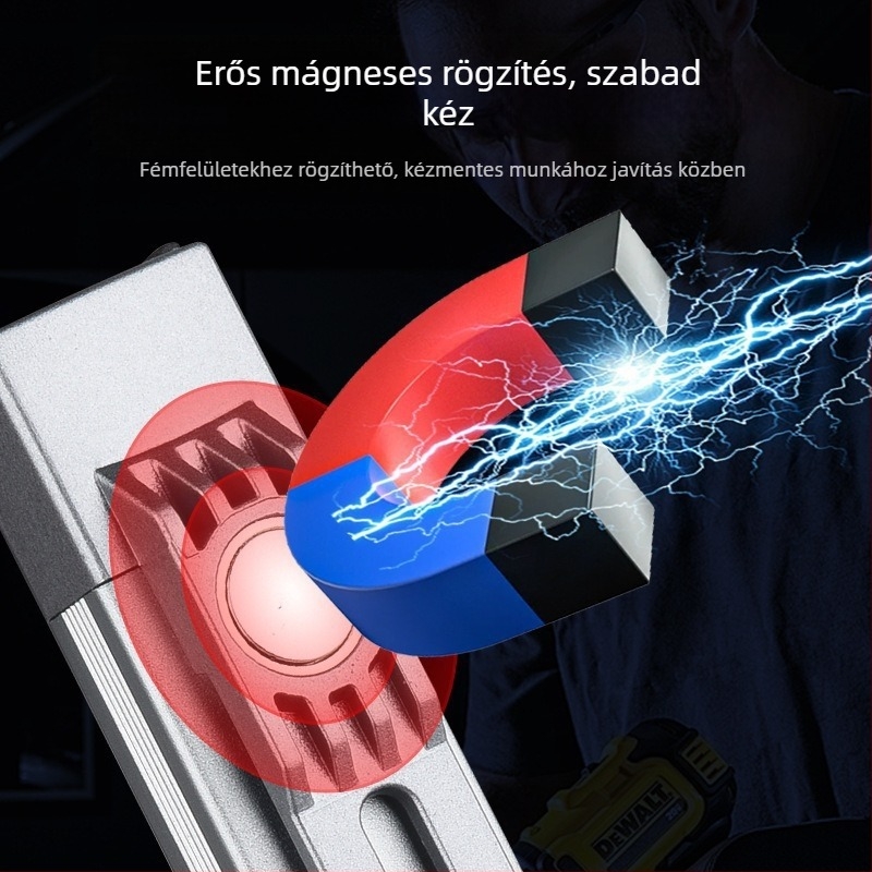 Alumíniumötvözetből készült LED zseblámpa, 480 mAh polimer akkumulátor, 5W, mágneses alap, oldalsó széles fénnyel, hatótávolság 50–100 m, többfunkciós