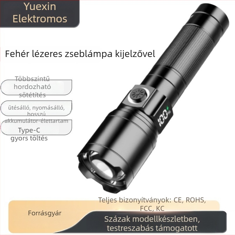 Újratölthető LED zseblámpa, 30W, 1800mAh, alumínium ötvözet test, LED fényforrás, hatótáv 200–500 m