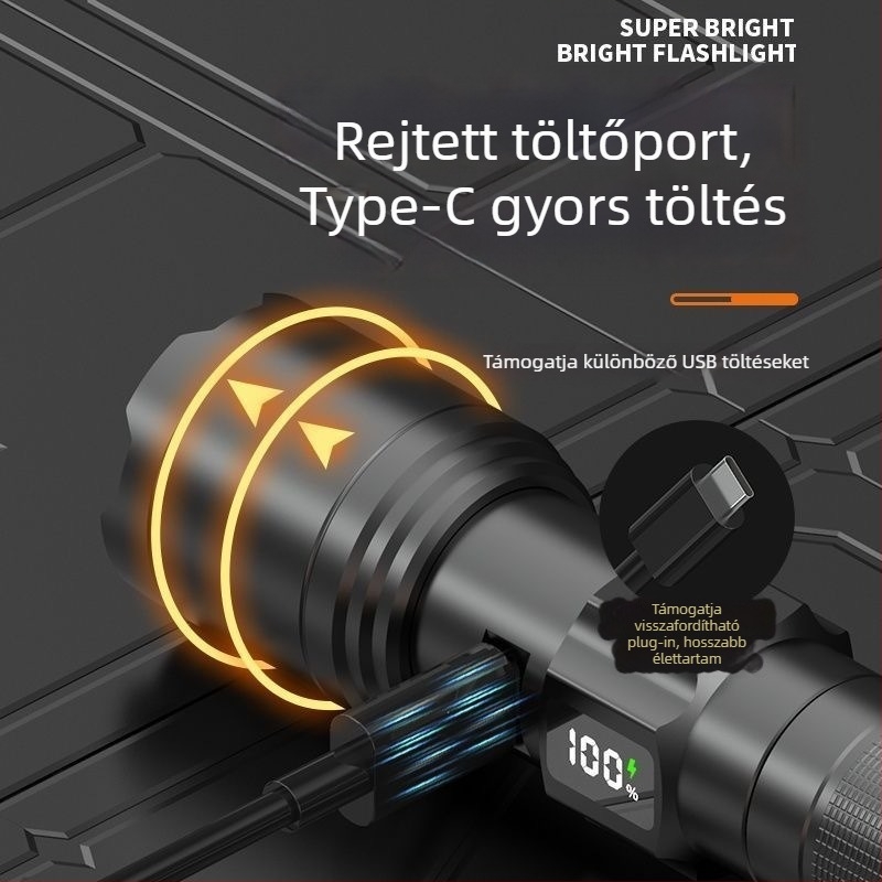 Újratölthető LED zseblámpa, 30W, 1800mAh, alumínium ötvözet test, LED fényforrás, hatótáv 200–500 m