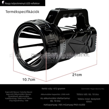 LED újratölthető zseblámpa, 10W, 2500mAh, hatótáv 500m+, hordozható