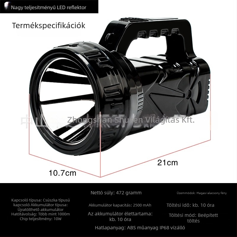 LED újratölthető zseblámpa, 10W, 2500mAh, hatótáv 500m+, hordozható
