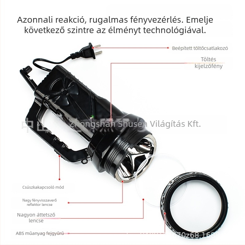 LED újratölthető zseblámpa, 10W, 2500mAh, hatótáv 500m+, hordozható