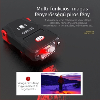 LED fejlámpa sapka‑ és karimaklip, újratölthető 3.7V, akkumulátor kapacitás 1200, kézi nyomóerővel működik