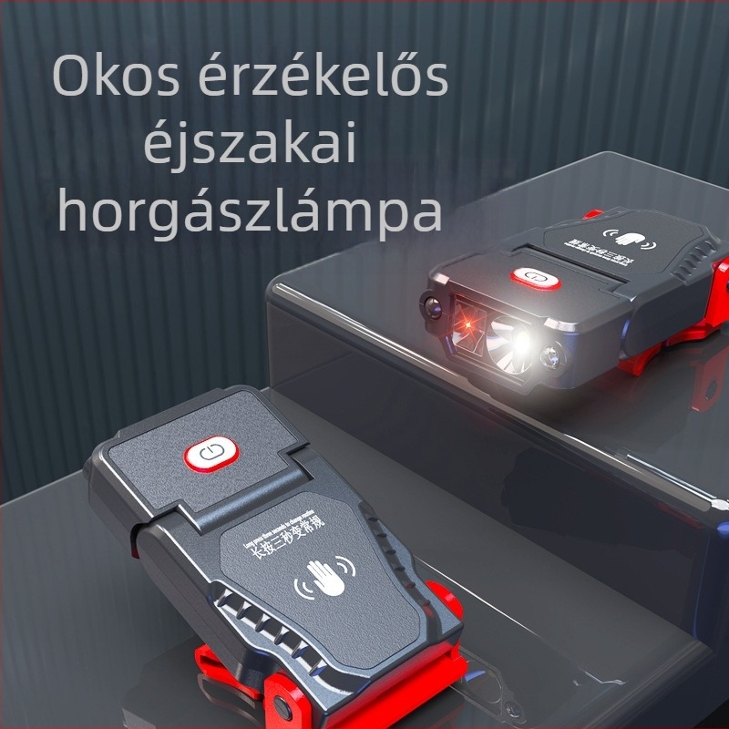 LED fejlámpa sapka‑ és karimaklip, újratölthető 3.7V, akkumulátor kapacitás 1200, kézi nyomóerővel működik