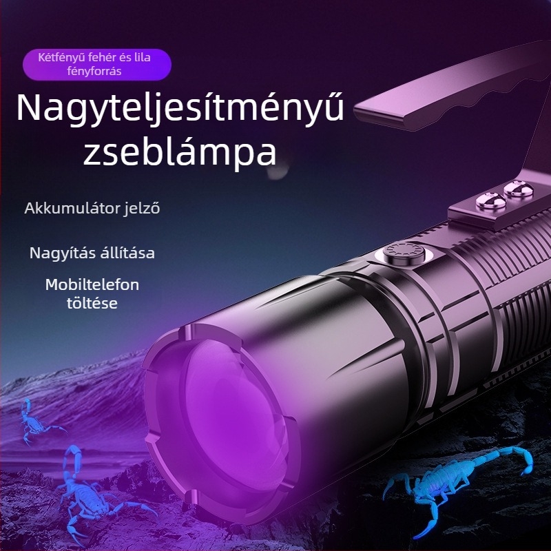 Hordozható LED zseblámpa állítható zoommal, kézi hajtású, 5W, 4000 mAh