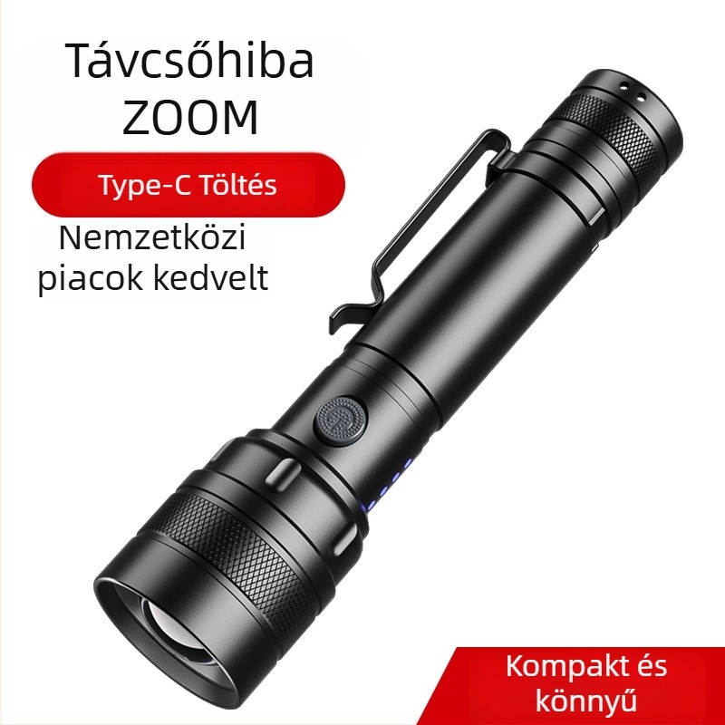 Tollklipszes LED zseblámpa, alumínium ötvözet test, újratölthető, 10W, LED, optikai zoom