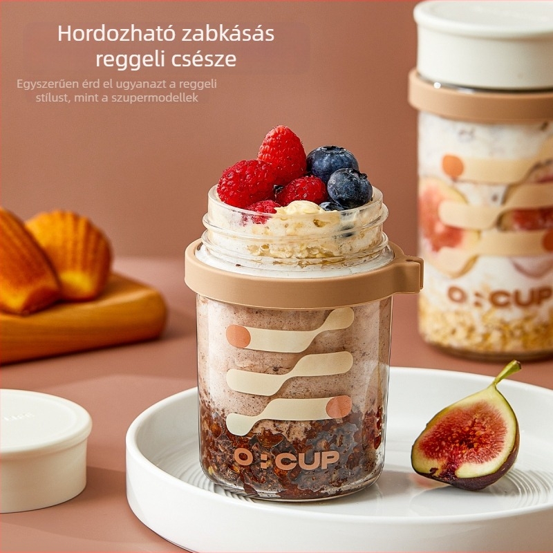 Zabkása pohár üvegből, fedővel és kanállal, szivárgásmentes, nagy kapacitás, 300 g