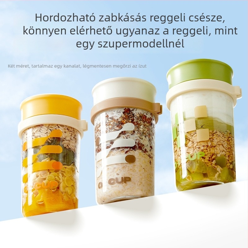 Zabkása pohár üvegből, fedővel és kanállal, szivárgásmentes, nagy kapacitás, 300 g