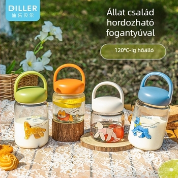 Dile Bell Cartoon Puppy üveg pohár fedővel – hordozható, zárható és szivárgásmentes, magas hőálló boroszilikát üveg