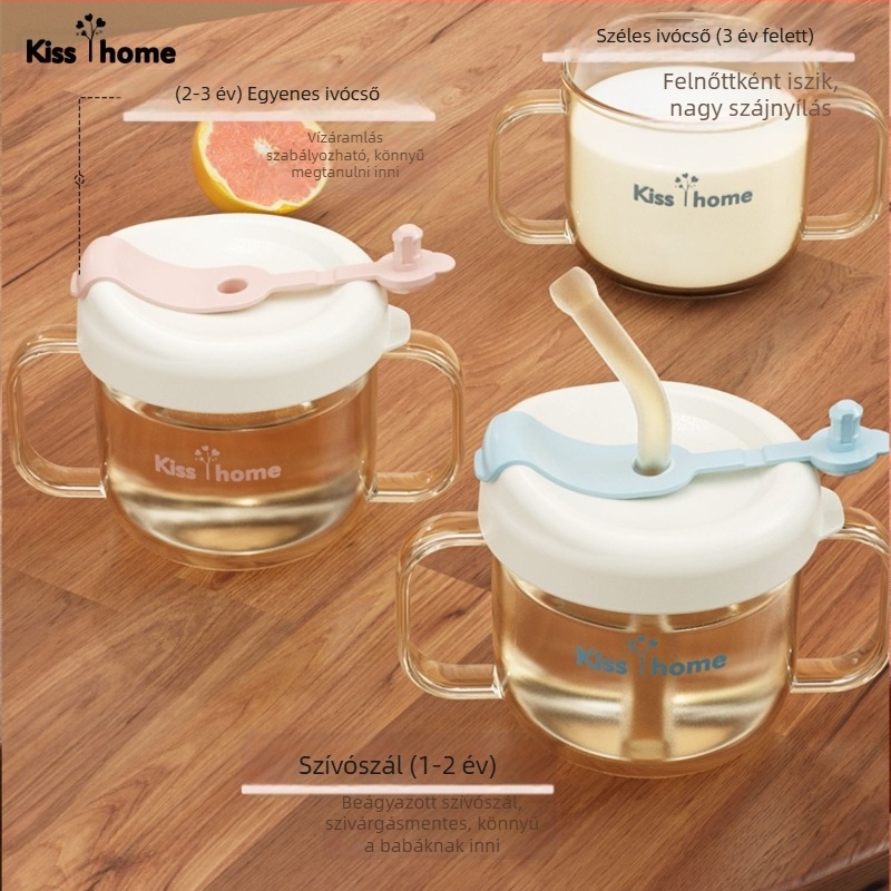 Gyerek tejpohár szívószállal, karikatúra stílusú, ütésálló tanuló pohár közvetlen iváshoz, 1+ éveseknek, PP
