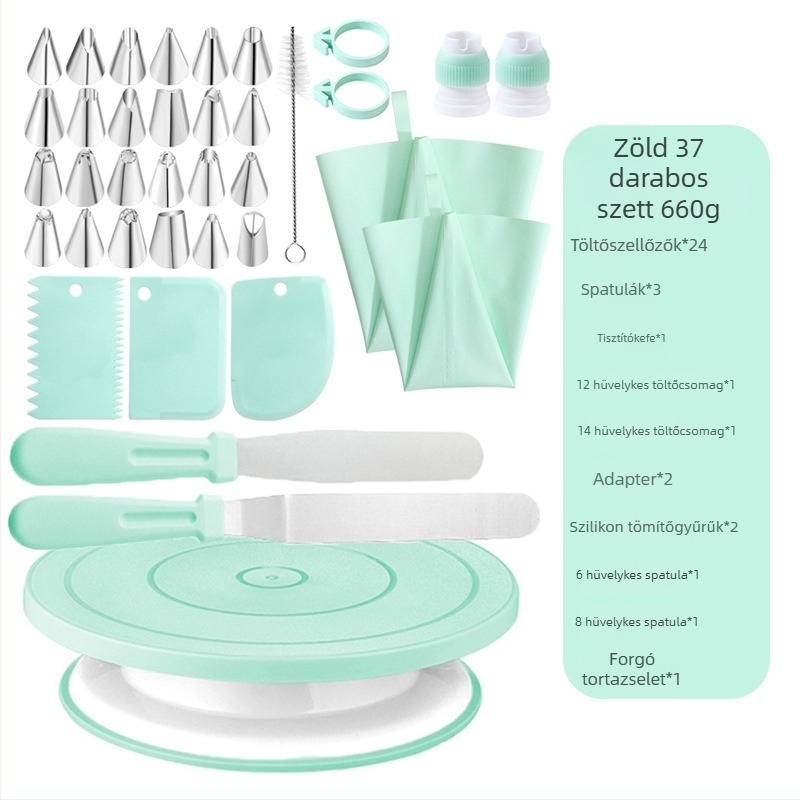 Qiao Tortadíszítő Készlet Forgó Tálcával, Csúszásmentes, Rozsdamentes Acél + Műanyag; Tartalmaz 24 Díszítő Csúcsot, 2 Nyomózsákot, 2 Spatulát, 2 Szilikon Gyűrűt, 2 Tisztító Kefét