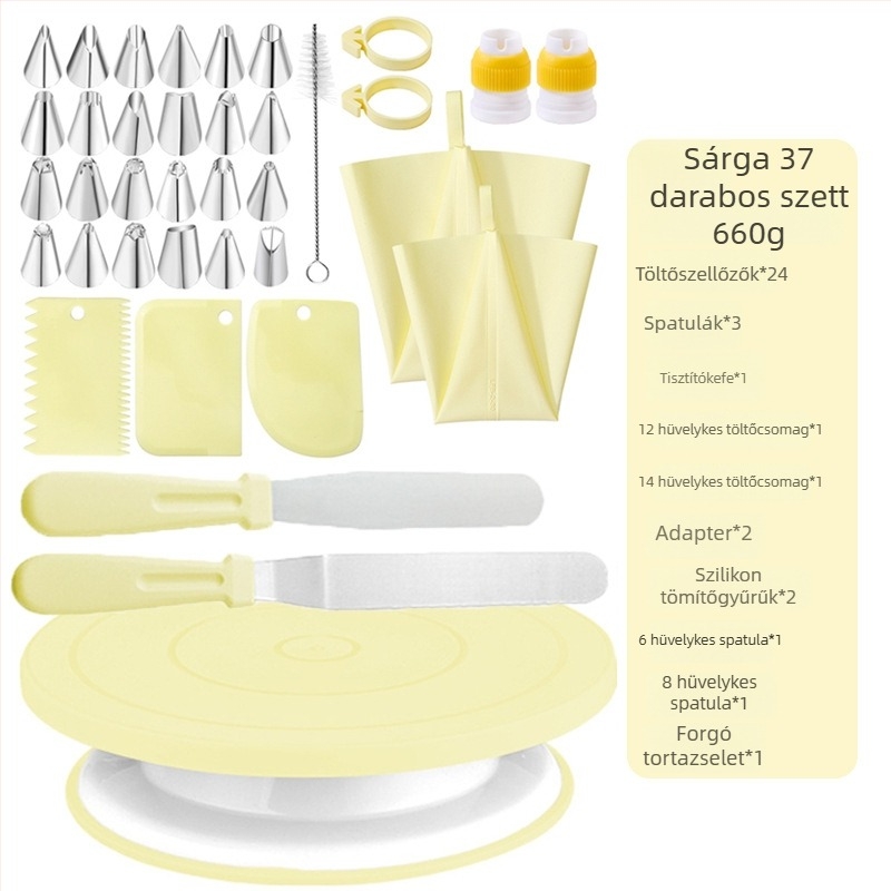 Qiao Tortadíszítő Készlet Forgó Tálcával, Csúszásmentes, Rozsdamentes Acél + Műanyag; Tartalmaz 24 Díszítő Csúcsot, 2 Nyomózsákot, 2 Spatulát, 2 Szilikon Gyűrűt, 2 Tisztító Kefét
