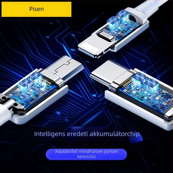 Három az egyben gyors töltő adatkábel Lightning, USB-C és Micro USB csatlakozókkal; QC-kompatibilis