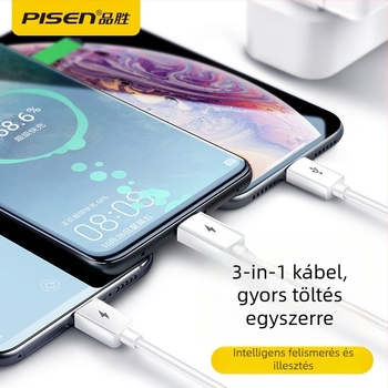Három az egyben gyors töltő adatkábel Lightning, USB-C és Micro USB csatlakozókkal; QC-kompatibilis
