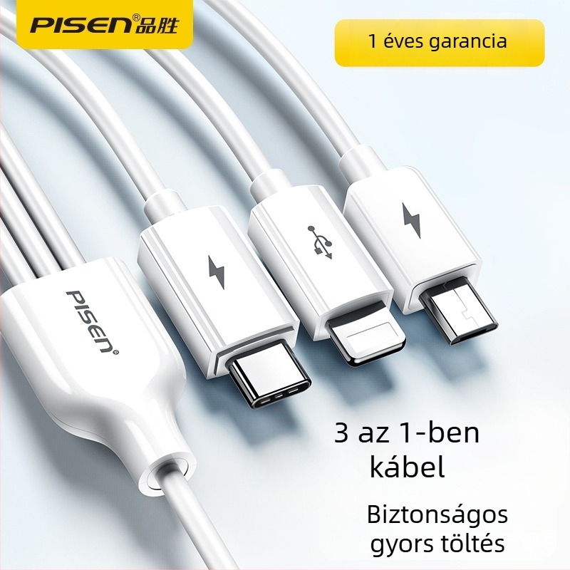 Három az egyben gyors töltő adatkábel Lightning, USB-C és Micro USB csatlakozókkal; QC-kompatibilis