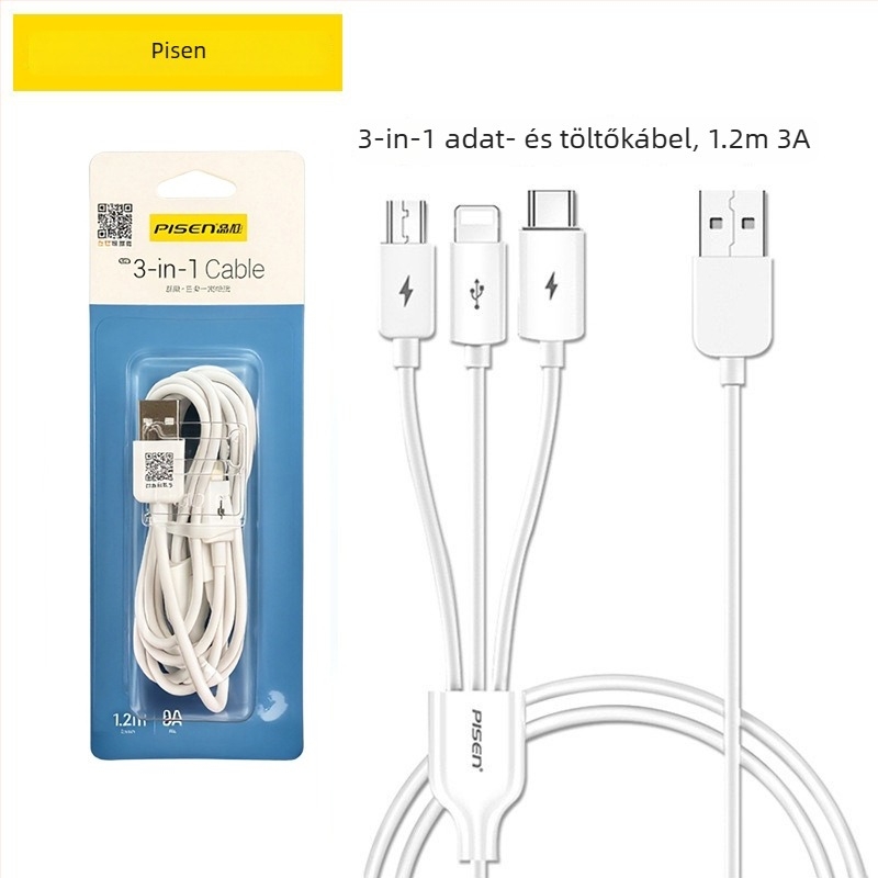 Három az egyben gyors töltő adatkábel Lightning, USB-C és Micro USB csatlakozókkal; QC-kompatibilis