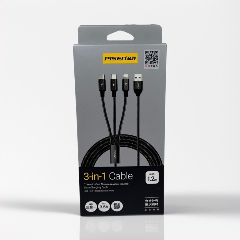 Három az egyben gyors töltő adatkábel Lightning, USB-C és Micro USB csatlakozókkal; QC-kompatibilis