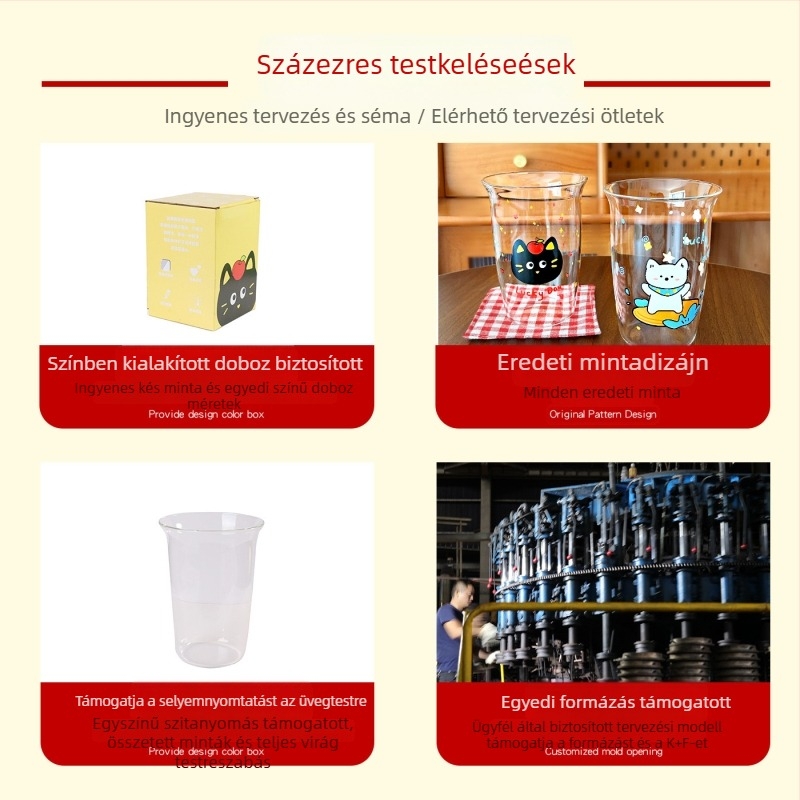 Hőálló üvegből készült víz pohár, modern művészeti stílus, fogantyú és fedél nélkül, virágmintás, két darabos készlet