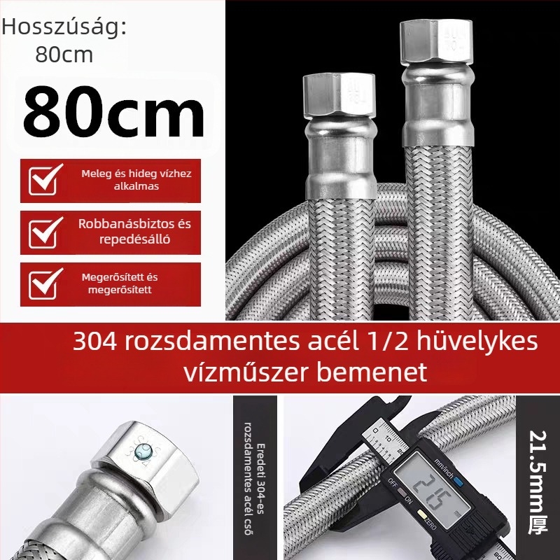 RG-08 304 rozsdamentes acélből készült fém tömlő vízmelegítőhöz, menetes csatlakozás, névleges nyomás 1,6 MPa, 0–100°C működési hőmérséklet