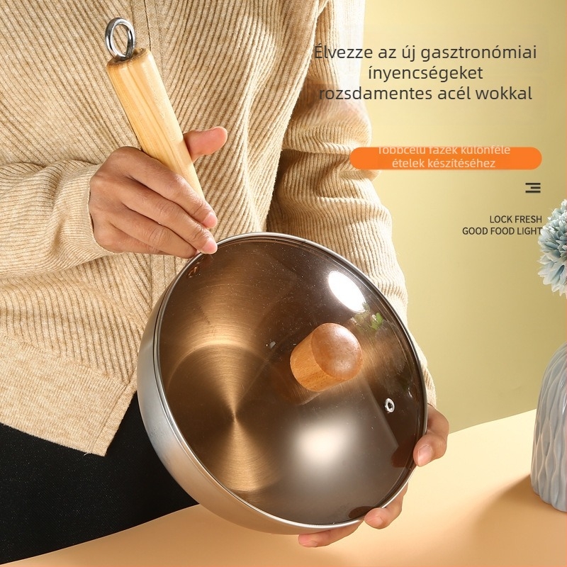 Wok 304 rozsszeres acélból, tapadásmentes bevonattal, üvegfedővel, egyetlen alappal, alkalmas minden tűzhelyhez