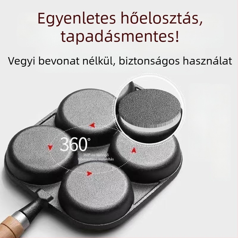 Öntöttvas tojás sütő serpenyő négy lyukkal, tapadásmentes bevonattal, gáztűzhelyen és indukción is használható
