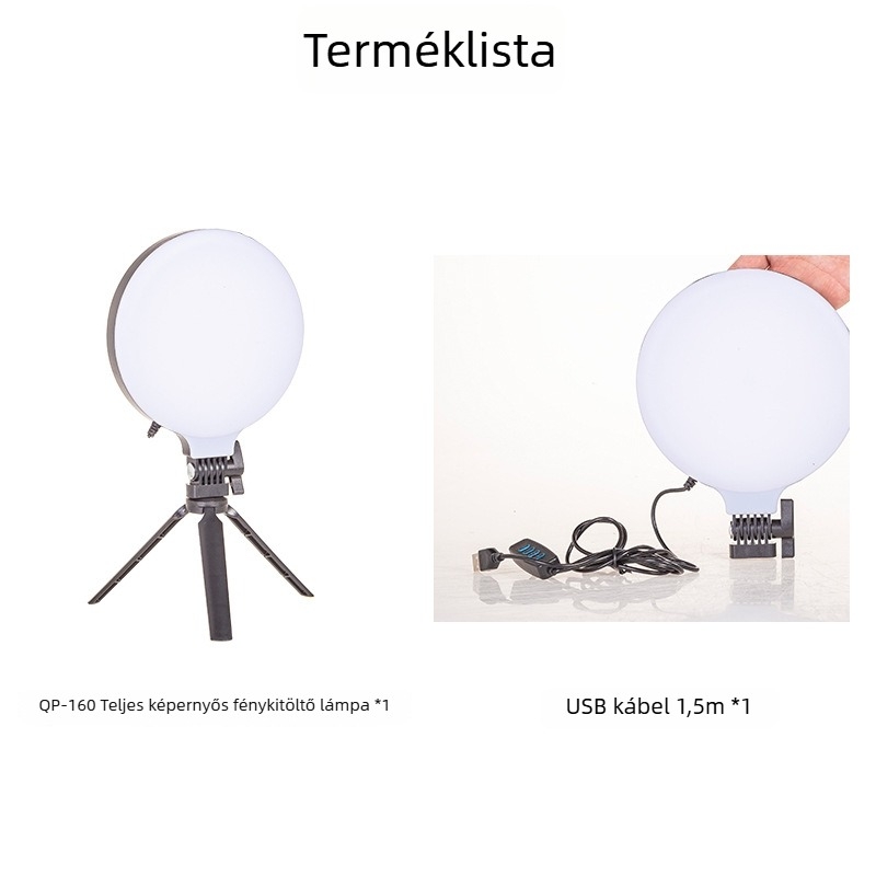 LED töltőlámpa fotózáshoz és élő közvetítéshez, 13W, 5V2A, QO160 modell, 3 világítási üzemmód, függőleges használat