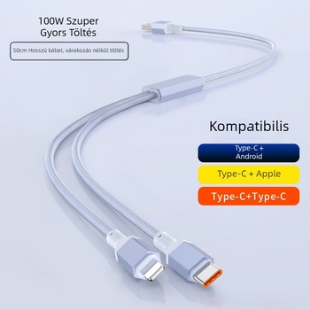 2–in–1 gyors töltésű adatkábel USB-C, Lightning és Micro USB portokkal, kötött kivitel, 1–2 elosztó