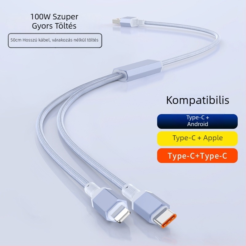 2–in–1 gyors töltésű adatkábel USB-C, Lightning és Micro USB portokkal, kötött kivitel, 1–2 elosztó