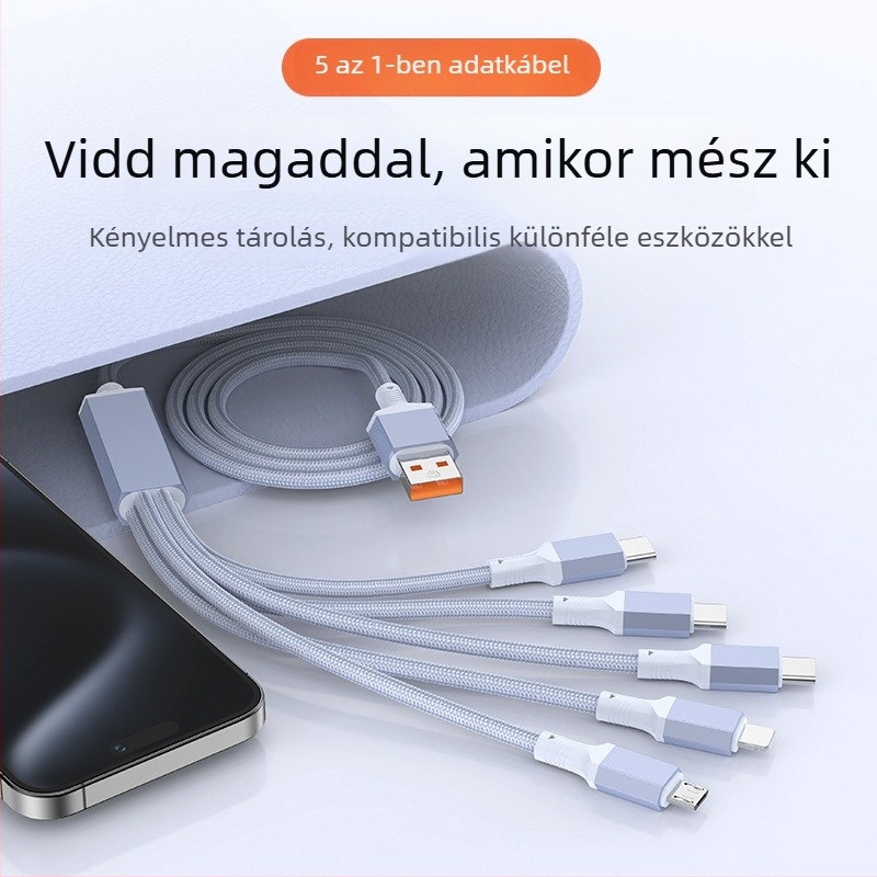 2–in–1 gyors töltésű adatkábel USB-C, Lightning és Micro USB portokkal, kötött kivitel, 1–2 elosztó
