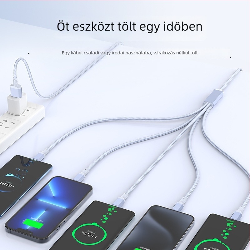 2–in–1 gyors töltésű adatkábel USB-C, Lightning és Micro USB portokkal, kötött kivitel, 1–2 elosztó