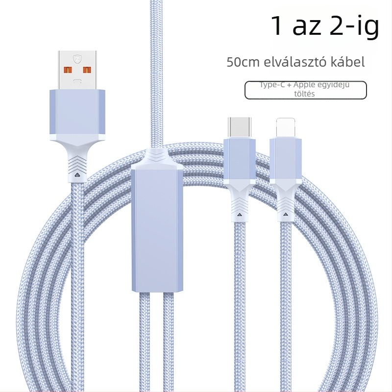 2–in–1 gyors töltésű adatkábel USB-C, Lightning és Micro USB portokkal, kötött kivitel, 1–2 elosztó