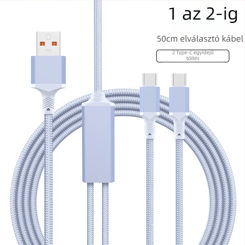 2–in–1 gyors töltésű adatkábel USB-C, Lightning és Micro USB portokkal, kötött kivitel, 1–2 elosztó