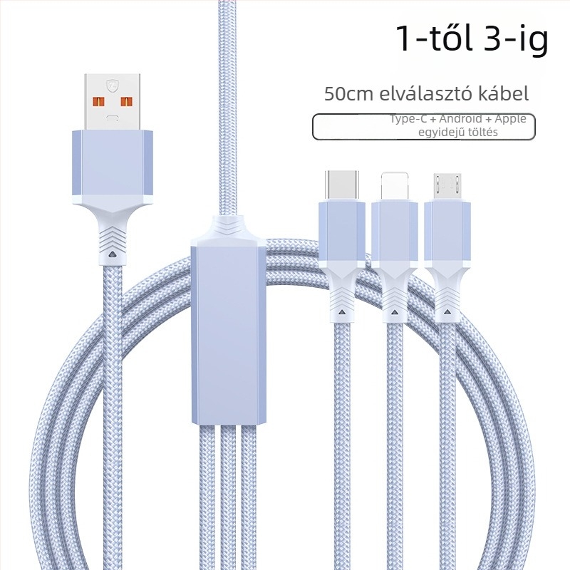 2–in–1 gyors töltésű adatkábel USB-C, Lightning és Micro USB portokkal, kötött kivitel, 1–2 elosztó
