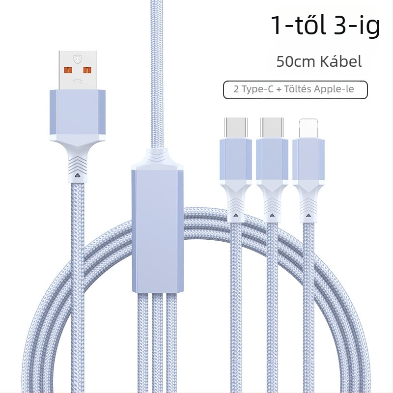 2–in–1 gyors töltésű adatkábel USB-C, Lightning és Micro USB portokkal, kötött kivitel, 1–2 elosztó