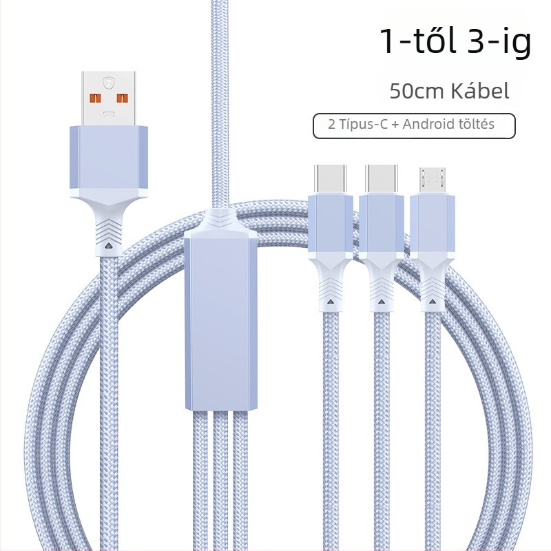 2–in–1 gyors töltésű adatkábel USB-C, Lightning és Micro USB portokkal, kötött kivitel, 1–2 elosztó