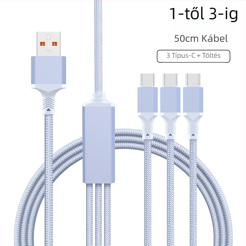 2–in–1 gyors töltésű adatkábel USB-C, Lightning és Micro USB portokkal, kötött kivitel, 1–2 elosztó