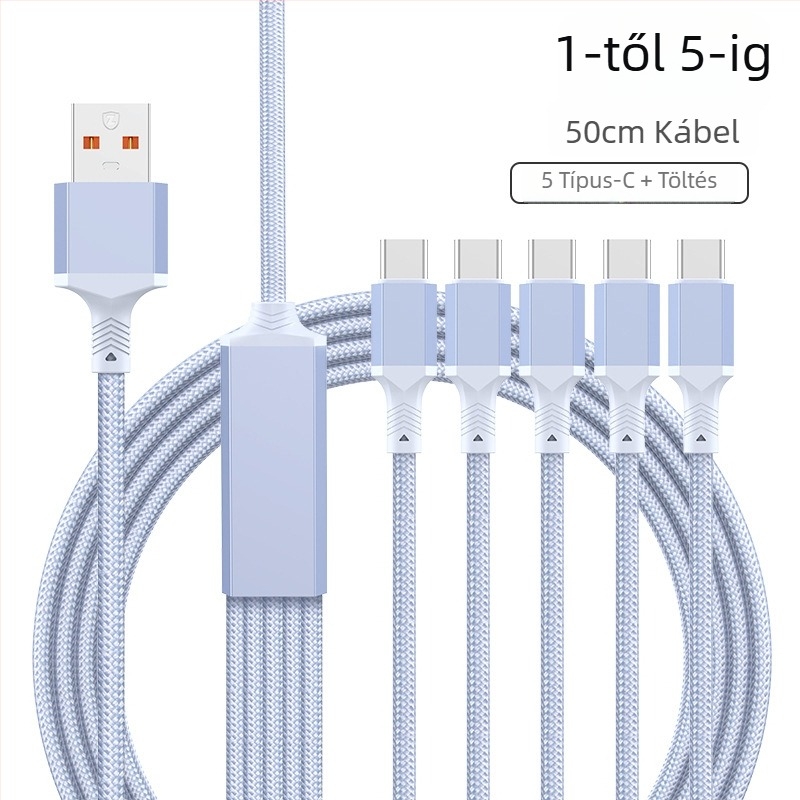 2–in–1 gyors töltésű adatkábel USB-C, Lightning és Micro USB portokkal, kötött kivitel, 1–2 elosztó