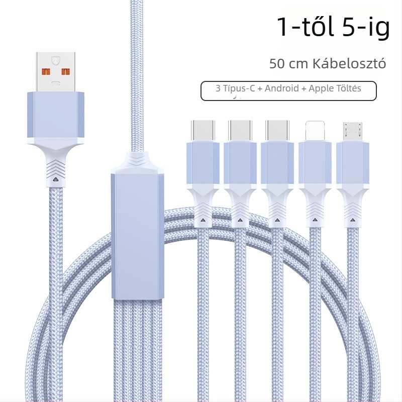 2–in–1 gyors töltésű adatkábel USB-C, Lightning és Micro USB portokkal, kötött kivitel, 1–2 elosztó