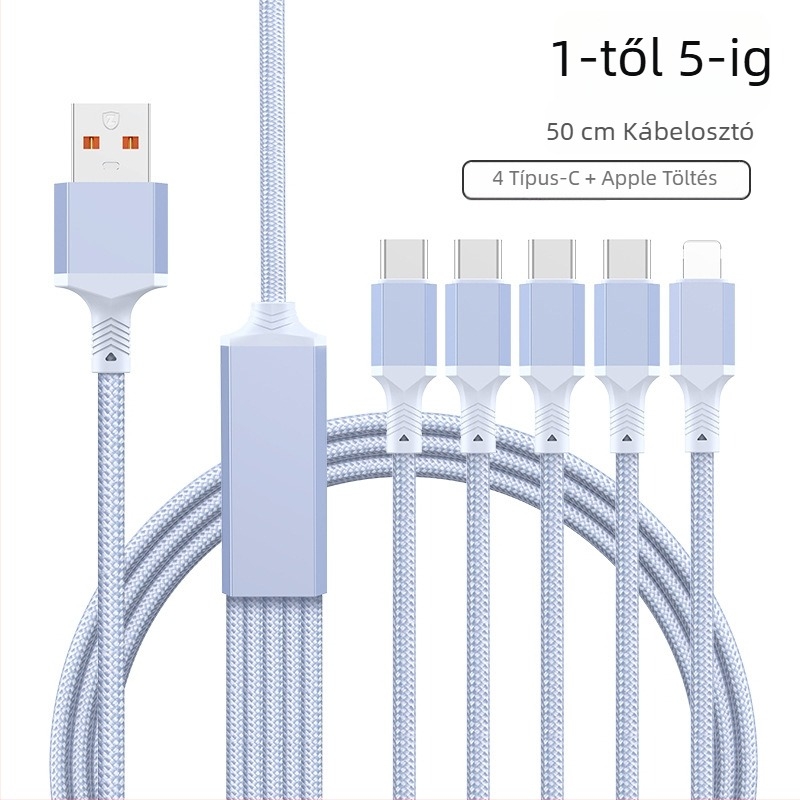 2–in–1 gyors töltésű adatkábel USB-C, Lightning és Micro USB portokkal, kötött kivitel, 1–2 elosztó