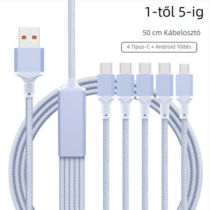 2–in–1 gyors töltésű adatkábel USB-C, Lightning és Micro USB portokkal, kötött kivitel, 1–2 elosztó