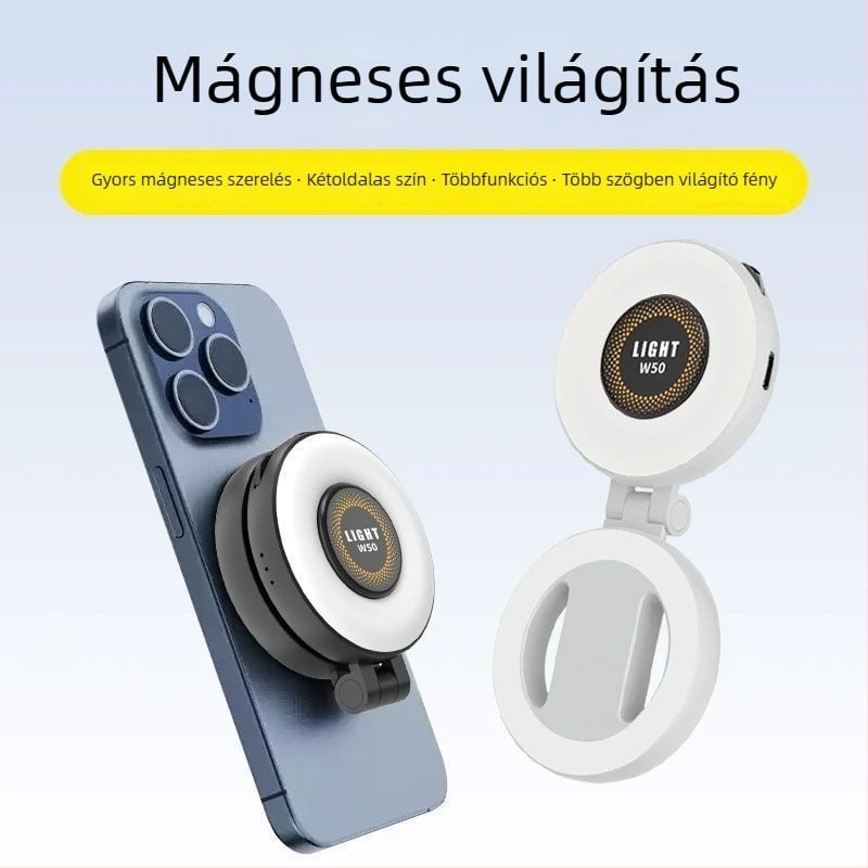 W50 Telefon Fénykiegészítő – LED Selfie Fény, Hordozható, Kézben tartható, Összecsukható, 10W alatt
