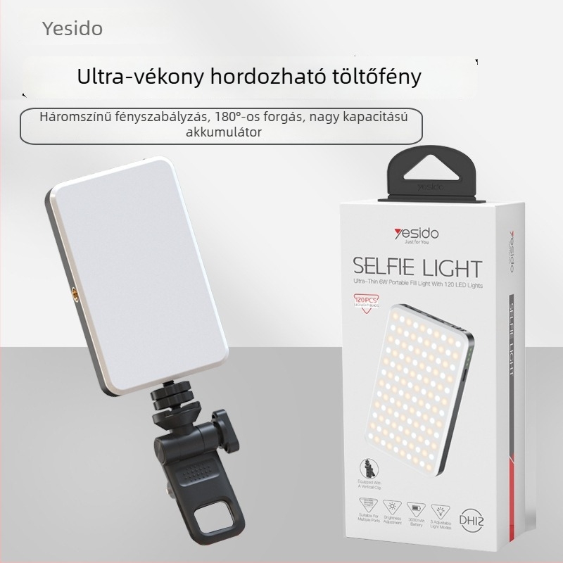 Yesido Töltőfény – Hordozható kézben tartható LED fotózáshoz, szépség élő közvetítéshez és videóhívásokhoz; 6W, beépített akkumulátor, modell DH12