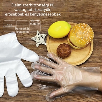 Egyszer használatos PE kesztyűk, élelmiszer-minőségűek, éttermi és kiszállítási felhasználásra, átlátszó, csúszásmentes, 100 db