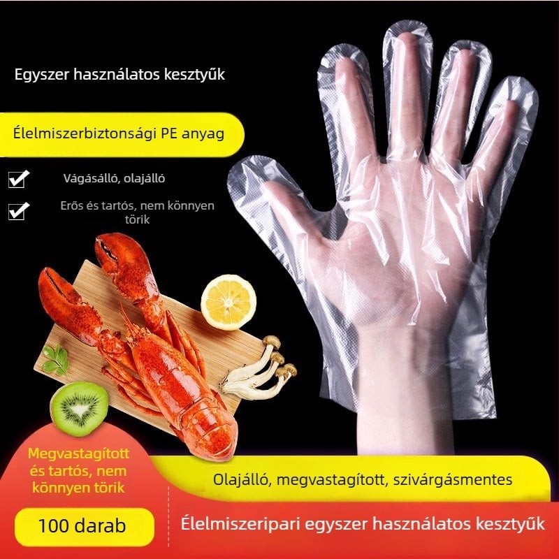 Egyszer használatos PE kesztyűk, élelmiszer-minőségűek, éttermi és kiszállítási felhasználásra, átlátszó, csúszásmentes, 100 db